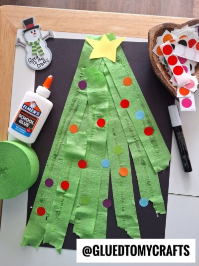 TORN CREPE PAPER AND DOT STICKER CHRISTMAS TREE CRAFT IDEA