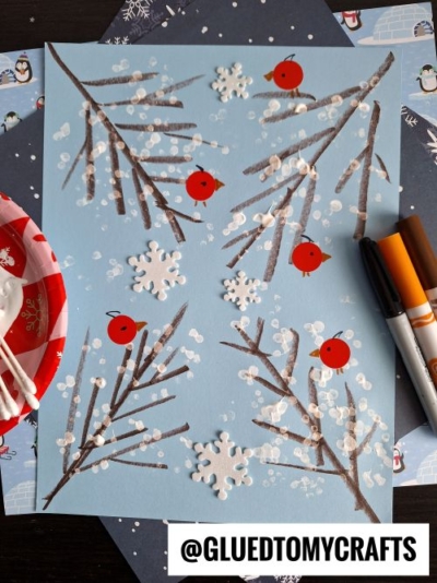 Use RED CODING DOTS to make cardinals on snowy trees