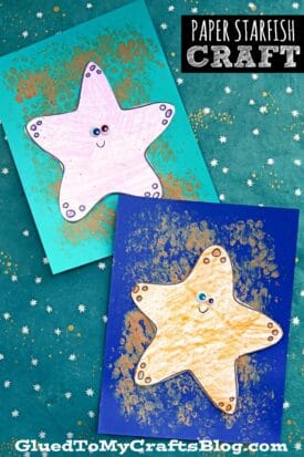 Two colorful bubble wrap print starfish crafts with smiling faces are displayed on blue and teal backgrounds decorated with small white stars. The starfish paper cutouts are outlined and embellished with dots and googly eyes.