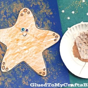 A starfish paper cutout with a smiley face and one googly eye is decorated with brown paint spots. Nearby, a paper plate holds paint and bubble wrap used to create a bubble wrap print on the blue background.