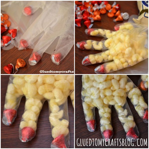 Four images show a craft using a glove filled with yellow pom-poms and red-wrapped chocolates at the fingertips, arranged to resemble a turkey hand. Chocolates and pom-poms are visible nearby, making these festive monster hand treat bags fun and eye-catching for any celebration.