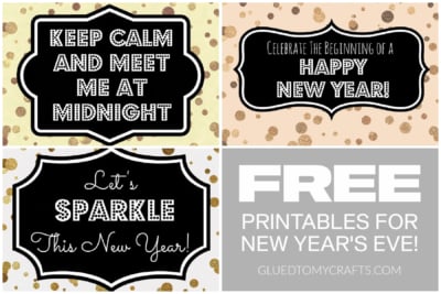 A collage of New Year’s Eve printables with festive designs, confetti printables, and messages like “KEEP CALM AND MEET ME AT MIDNIGHT,” “Let’s SPARKLE This New Year!” and “FREE PRINTABLES FOR NEW YEAR’S EVE!”.