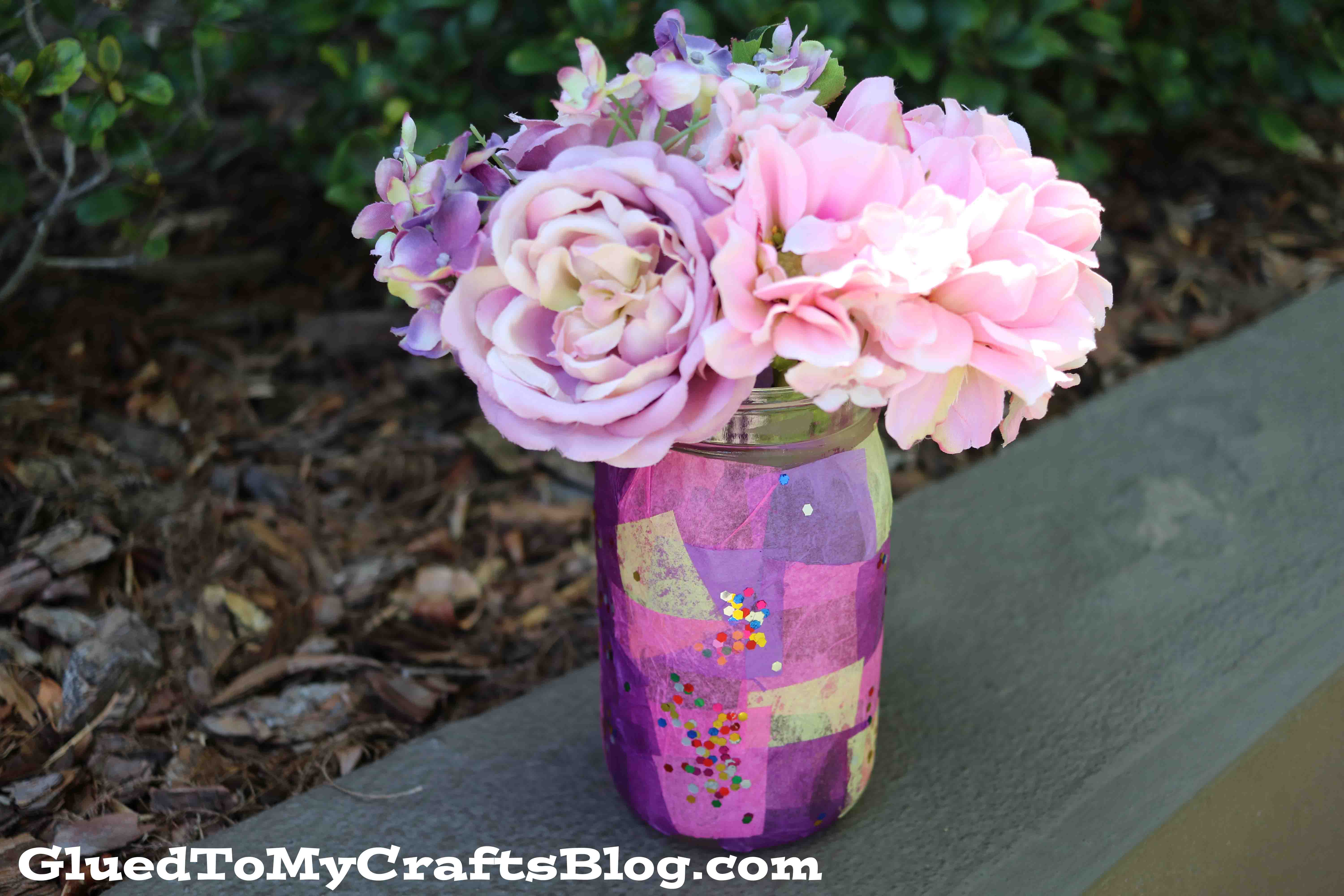 Tissue Paper Mosaic Mason Jar Vase - Kid Craft