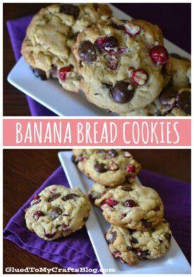 Two images of Banana Bread Cookies with chocolate chips and cranberries sit on white plates atop a dark wooden table with a purple cloth. Text in the center reads Banana Bread Cookies.