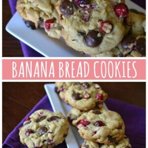 Two images of Banana Bread Cookies with chocolate chips and cranberries sit on white plates atop a dark wooden table with a purple cloth. Text in the center reads Banana Bread Cookies.