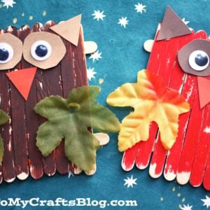 Two adorable Popsicle Stick Owls, each a unique craft stick owl with googly eyes, paper beaks, and faux leaves, sit on a starry blue background. One is brown and the other red. GluedToMyCraftsBlog.com text appears at the bottom.