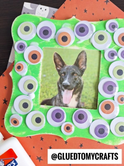 An eyeball covered picture frame in green, adorned with colorful plastic googly eyes, surrounds a photo of a happy black and gray dog, tongue out. The frame rests on orange star-patterned paper with glue visible nearby.