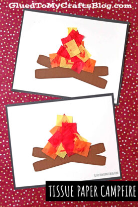 Two handmade paper campfire craft projects featuring brown paper logs and red, orange, and yellow tissue paper flames sit on white paper against a red polka dot background. Text reads Tissue Paper Campfire.