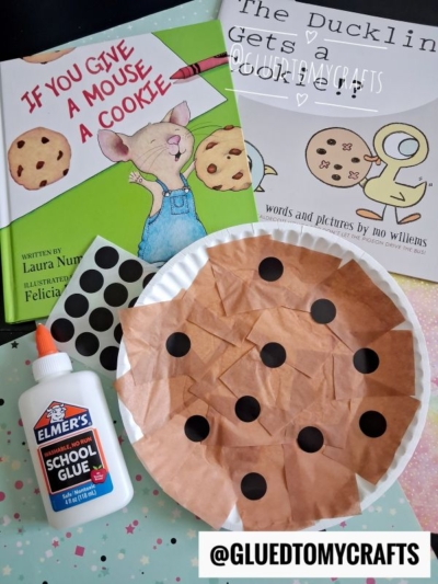 Childrens books, glue, black dot stickers, and a paper plate with brown tissue paper and dots arranged to resemble a Paper Plate Cookie make this adorable cookie kid craft. @GLUEDTOMYCRAFTS text on the image.