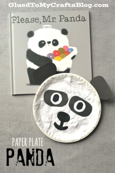 Children’s book Please, Mr. Panda with an illustrated panda holding donuts, next to a charming paper plate panda face craft made from a white paper plate and black and white paper features, on a gray background—perfect inspiration for your own paper panda craft.