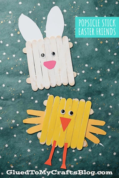 Two popsicle stick Easter crafts: a white bunny with pink nose and ears, and a yellow chick with orange beak, wings, and legs. Both have googly eyes and are displayed on a star-patterned background.
