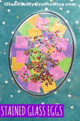 An oval-shaped easter egg stained glass craft made with colorful tissue paper squares and confetti, on a blue background with white star designs. The text reads STAiNED GLASS EGGS.