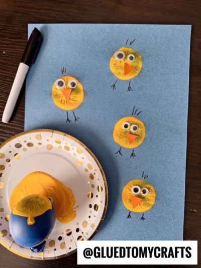 Use a slightly blown up balloon to stamp YELLOW BABY CHICKS on paper