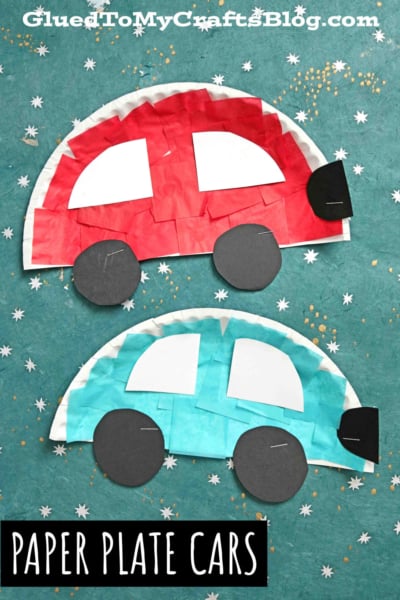 Two colorful paper plate cars made from red and blue paper pieces, black wheels, and white windows are displayed on a teal background decorated with star patterns. Text reads PAPER PLATE CARS.