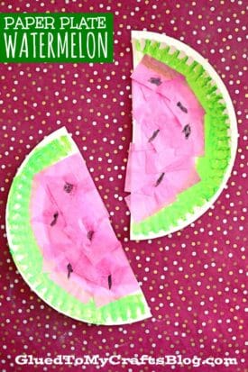 A fun paper plate watermelon craft featuring a green painted rind, pink tissue paper fruit, and black marker seeds, displayed on a red polka dot background. Text reads PAPER PLATE WATERMELON.