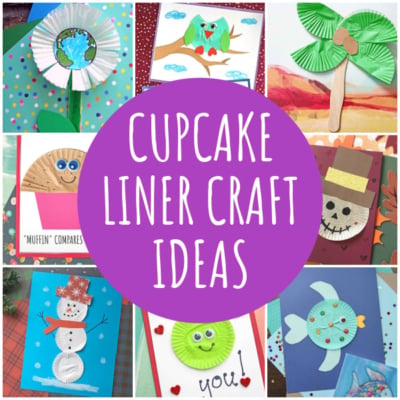 A collage of colorful cupcake liner kid craft projects, featuring art like a flower, owl, palm tree, fan, snowman, smiley face, fish, and skull. Text in the center reads: Cupcake Liner Craft Ideas.