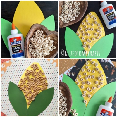 Step-by-step craft project: making a Cheerio Corn on the Cob using yellow paper, green paper leaves, glue, and Cheerios. Four images show materials, glue applied, Cheerios added, and the finished paper corn craft displayed on patterned backgrounds.