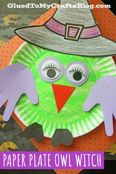A charming paper plate owl witch craft features googly eyes, a purple hat, wings, eyelashes, and an orange beak, all set on a polka dot background. The text reads PAPER PLATE OWL WITCH.