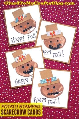 Four handmade cards feature potato stamped scarecrow faces, each with a unique patterned hat and bow. "Happy Fall!" adorns the cards, all arranged on a cheerful red polka-dot background.