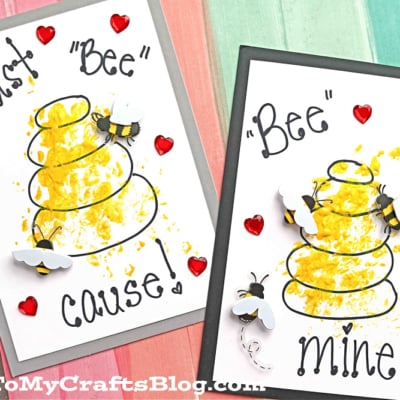 Two handmade cards featuring yellow beehive art created with bubble wrap stamped bee hive designs, adorned with cheerful bees and red hearts. One reads Just Bee cause! and the other says Bee mine. Both are displayed on colorful backgrounds, making them the perfect bee hive craft with bubble wrap for any occasion.