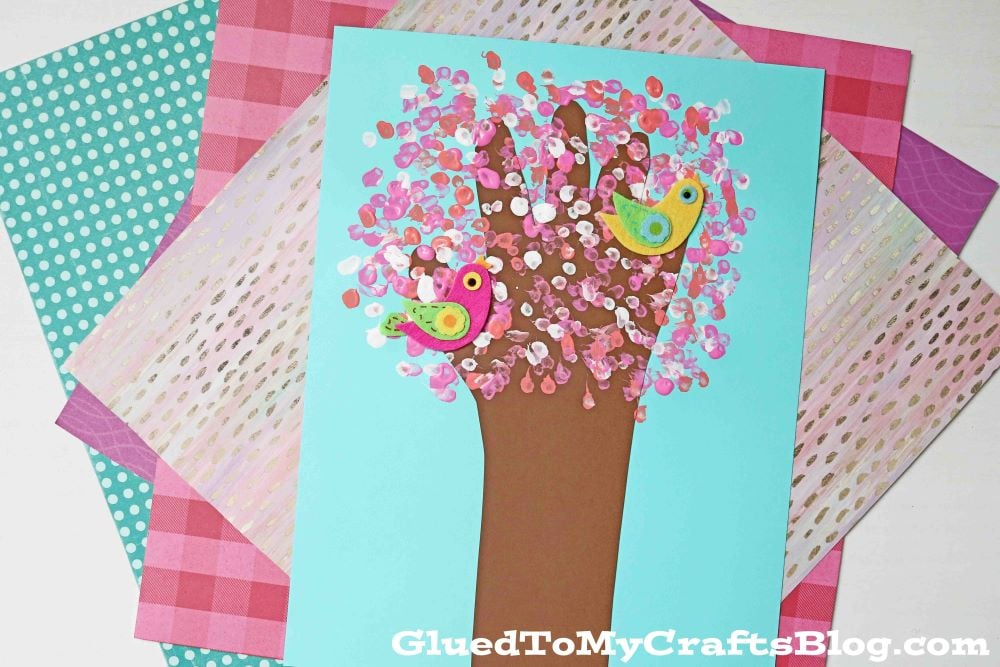 Q-Tip Painted Handprint Cherry Blossom Tree - Kid Craft