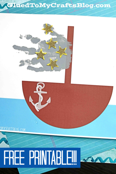 A sailboat craft project featuring a red paper boat with an anchor sticker, gray painted brushstrokes, and gold star stickers on a white background. Perfect for a Handprint Sailboat Keepsake! FREE PRINTABLE!!! is written at the bottom.