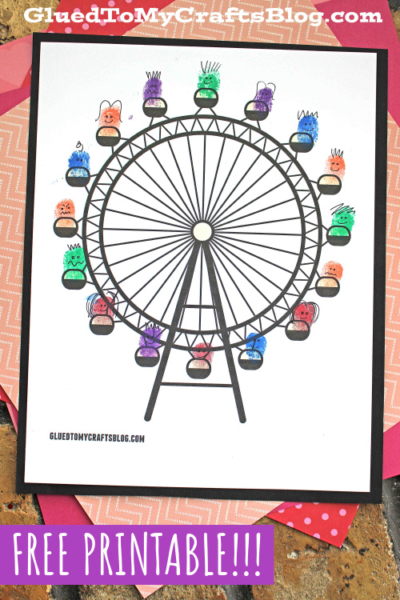 A printable coloring page of a thumbprint ferris wheel, with each seat decorated in colorful paint fingerprints that resemble small creatures. The image is labeled FREE PRINTABLE!!! at the bottom.