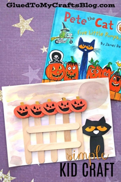 A Pete the Cat book and a Halloween-themed craft inspired by Five Little Pumpkins, made from popsicle sticks, paper pumpkins, and a black cat figure, set on a purple background with stars.