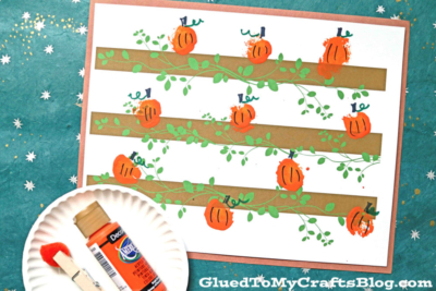 Pom Pom Painted Pumpkin Patch On Paper - Fall Kid Craft Idea