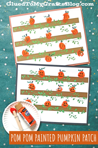 Pom Pom Painted Pumpkin Patch On Paper - Fall Kid Craft Idea