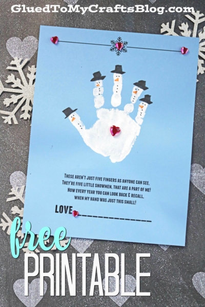 A blue card features a snowman handprint with five snowmen, each in a black hat. The card includes a handprint snowman poem, silver snowflake decorations in the background, and pink heart gems as accents.
