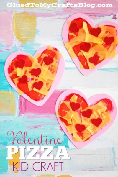 Three heart-shaped Valentine “pizzas” made from colored paper pieces and hearts on a pastel painted background; text reads “Heart Valentine Pizza Kid Craft.”.