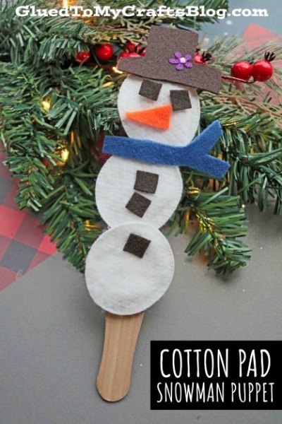 Cotton Pad Snowman Puppets - Winter Kid Craft Idea