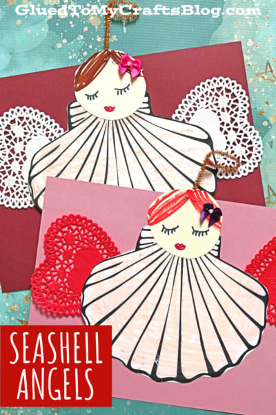 Two handmade cards feature paper seashell angel crafts with seashell-shaped bodies, circular faces with closed eyes and red lips, and pipe cleaner halos. Red paper doilies decorate the backgrounds. Text reads Seashell Angels.