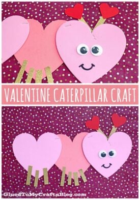 Two heart shaped caterpillars made from pink and red hearts with googly eyes, smiling faces, heart antennae, and glittery gold legs are displayed on a purple polka dot background. Perfect for a Valentine caterpillar craft!.