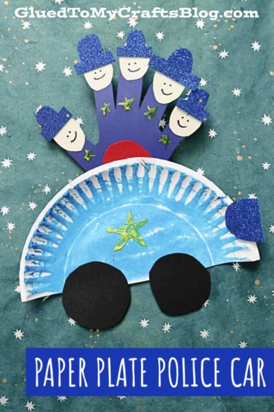 A paper plate police car painted blue features black wheels. Five purple paper handprints with smiling faces and blue hats stand above as officers, while white stars decorate the background. Text: Paper Plate Police Car.