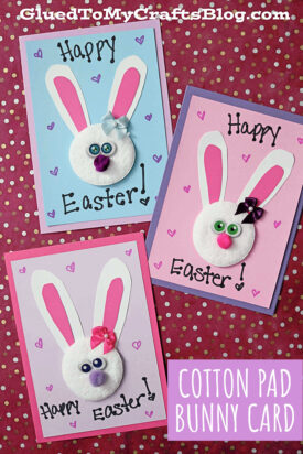 Three handmade Easter cards on a polka dot background, each featuring a cotton pad bunny with googly eyes, felt ears, and decorations. The cards read Happy Easter! with hearts drawn around the adorable bunnies.