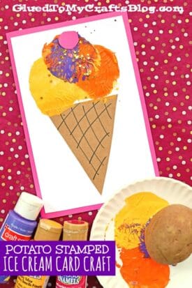 A handmade painted ice cream card features scoops in orange and yellow, stamped with a cut potato. Paint bottles and a potato are nearby. The card sits on a pink polka dot background, with a website header on top.