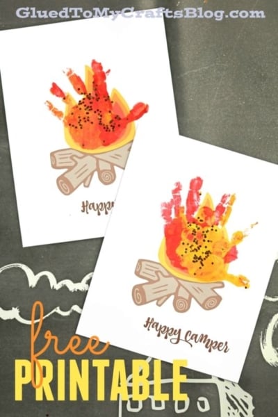 Two Happy Camper printables show campfires with children’s handprints as flames, decorated with orange, yellow, and red colors, plus small black dots. These charming designs make a perfect happy camper keepsake to remember fun adventures. Free printable is written at the bottom.