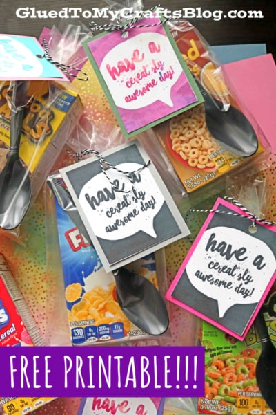 Gift sets with mini cereal boxes, spoons, and tags that read "Have a cereal-sly awesome day!" Each cereal gift idea is tied with string, and the image promotes a free printable from GluedToMyCraftsBlog.com.