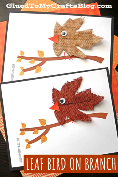 Two handmade cards feature a creative bird craft idea—birds crafted from textured leaves and paper, perched on drawn tree branches with yellow leaves. The top leaf bird on branch is tan, the bottom is red. Text reads Leaf Bird on Branch.