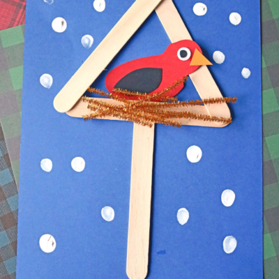 A blue paper showcases a mixed media snowy birdhouse made of craft sticks, a red bird cutout, and a brown pipe cleaner nest. White dots represent snow, and “Snowy Bird House” is written at the bottom.