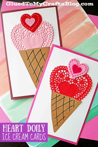 Paper Heart Doily Ice Cream Valentine Cards - Kid Craft