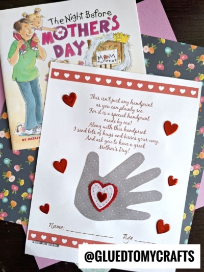 A handmade Mother's Day keepsake card features a handprint decorated with hearts, next to the book The Night Before Mother's Day. The card includes a sweet poem and space for a child's name and age. @GLUEDTOMYCRAFTS watermark at the bottom.