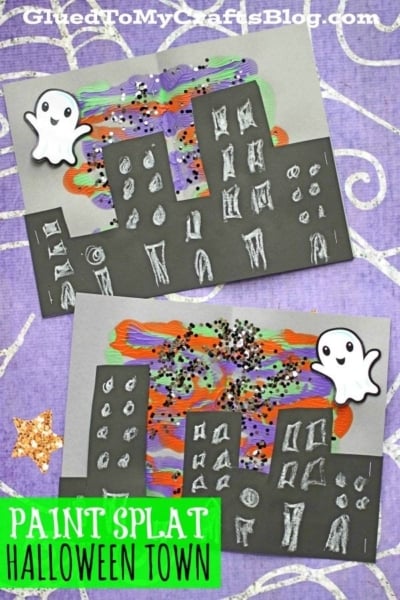 Two Halloween town crafts feature a paint splatter skyline of black paper buildings with chalk windows, colorful paint splats, glitter, and white ghost cutouts on a purple background. Text reads, PAINT SPLAT HALLOWEEN TOWN.