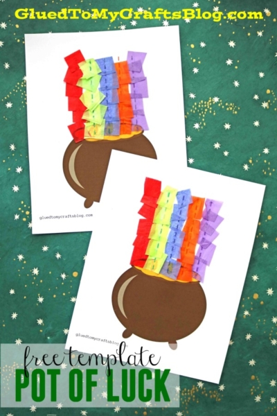 Two craft projects show tissue paper pots with rainbow-colored strips spilling out, resembling a pot of gold at the end of a rainbow, on a green star-patterned background. Text reads “free template POT OF LUCK.”.