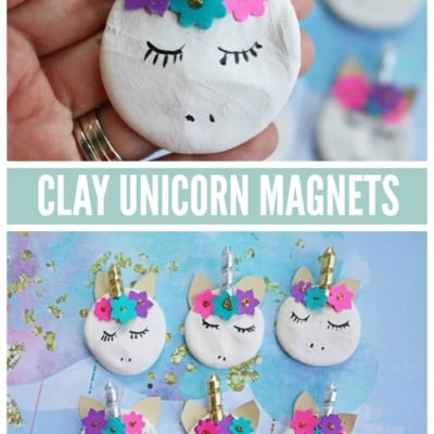 Handmade clay unicorn magnets feature pastel-colored ears, golden horns, and colorful flower embellishments. Some clay unicorn magnets are shown individually, while others are arranged together on a blue background.