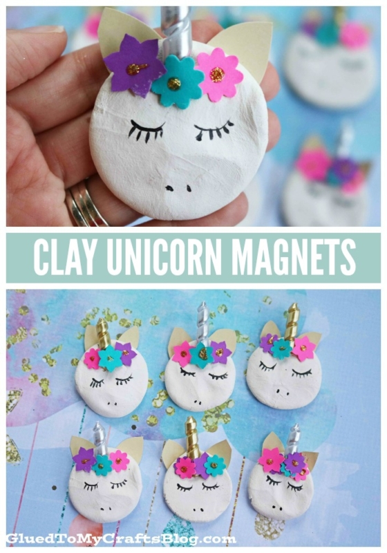 Handmade clay unicorn magnets feature pastel-colored ears, golden horns, and colorful flower embellishments. Some clay unicorn magnets are shown individually, while others are arranged together on a blue background.