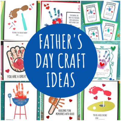 A collage of colorful Father’s Day craft cards made with children’s handprints and footprints surrounds a blue circle with the white text Father’s Day Keepsake Craft Ideas in the center.