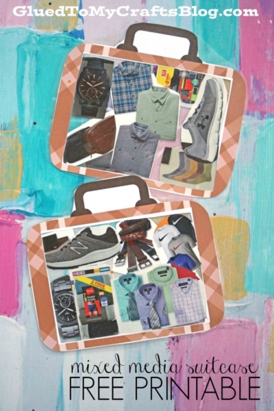 Two illustrated suitcase cutouts display collaged images of men's clothing, shoes, and accessories on a colorful, painted background. Text reads mixed media suitcase craft FREE PRINTABLE and GluedToMyCraftsBlog.com.